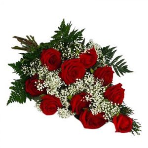 Mycket vacker, liggande begravningsbukett med röda rosor, vit brudslöja och gröna blad. Välj mellan fyra olika storlekar. Arrangemanget finns att beställa hos Florister i Sverige.