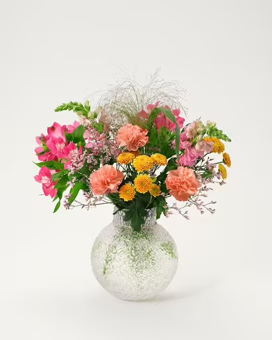Interfloras augustibukett, en ljuvlig kombination av nejlikor, krysantemum, alstroemeria och lejongap. Plus lite dekorationsgrönt förstås! Färgerna går i cerise, gult, aprikost och rosa.
